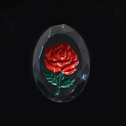 German Plastic Flat Back Reverse Intaglio Back- Rose- Oval 25x18MM RED on CRYSTAL