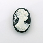 Plastic Cameo - Woman with Ponytail Oval 25x18MM WHITE ON BLACK