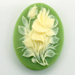 Plastic Cameo - Flower, Rose Oval 40x30MM IVORY ON GREEN