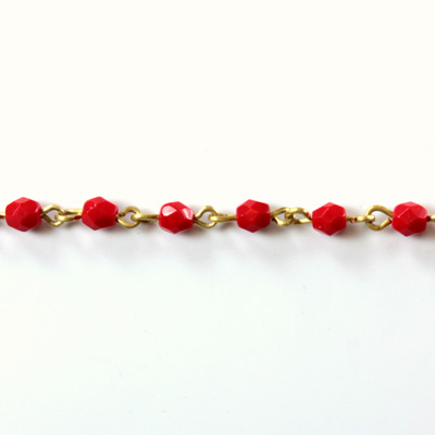 Linked Bead Chain Rosary Style with Glass Fire Polish Bead - Round 4MM RED-Brass