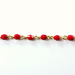 Linked Bead Chain Rosary Style with Glass Fire Polish Bead - Round 4MM RED-Brass