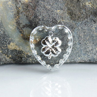 German Glass Engraved Buff Top Intaglio Pendant - Shamrock 4 LEAF CLOVER Heart 15x14MM CRYSTAL SILVER