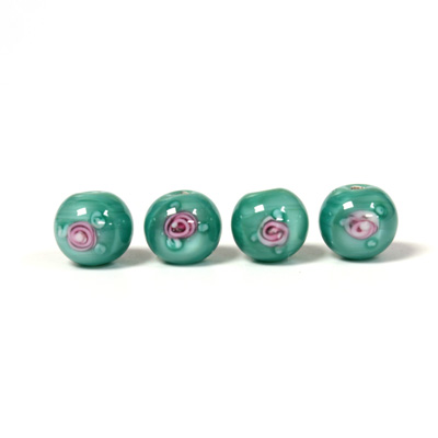 Czech Glass Lampwork Bead - Smooth Round 08MM Flower PINK ON GREEN (50270)