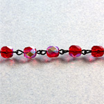 Linked Bead Chain Rosary Style with Glass Fire Polish Bead - Round 6MM RUBY AB-JET