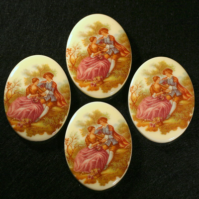 German Plastic Porcelain Decal Painting - Rococo (Scene 4) Oval 40x30MM ON CHALKWHITE BASE