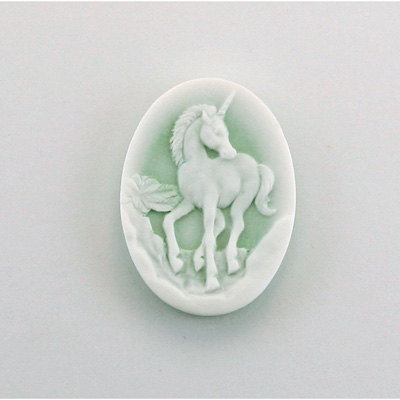 Plastic Cameo - Unicorn Oval 25x18MM WHITE ON MINT GREEN FS