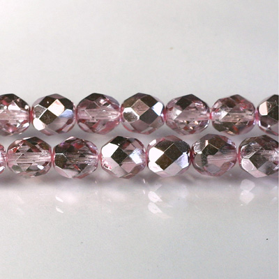 Czech Glass Fire Polish Bead - Round 08MM 1/2 Coated CRYSTAL/LT PINK