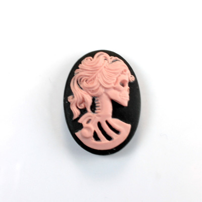 Plastic Cameo - Skeleton, Lolita Oval 25x18MM PINK ON BLACK