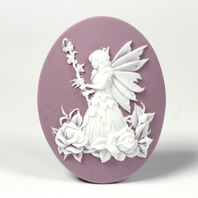 Plastic Cameo - Fairy with Wand Oval 40x30MM WHITE ON LILAC