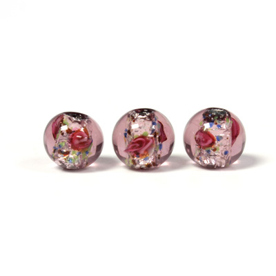 Czech Glass Lampwork Bead - Smooth Round 10MM Flower ON AMETHYST with  SILVER FOIL