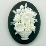 Plastic Cameo - Flower Basket Oval 40x30MM WHITE ON BLACK