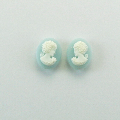 Plastic Cameo - Woman with Bow Oval 10x8MM WHITE ON BLUE