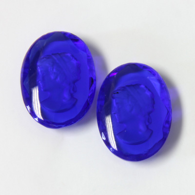 German Glass Flat Back Reverse Carved Intaglio Back Woman's Head - Oval 25x18MM SAPPHIRE