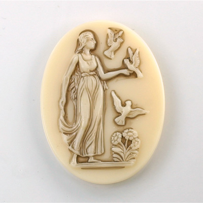 German Glass Cameo Woman with Birds Oval 40x30MM ANTIQUE IVORY