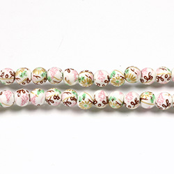 Chinese Glass Lampwork Bead - Round 06MM FLOWER PAINTED PINK ON WHITE