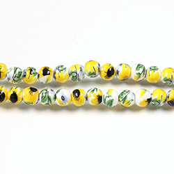 Chinese Glass Lampwork Bead - Round 06MM FLOWER PAINTED YELLOW ON WHITE