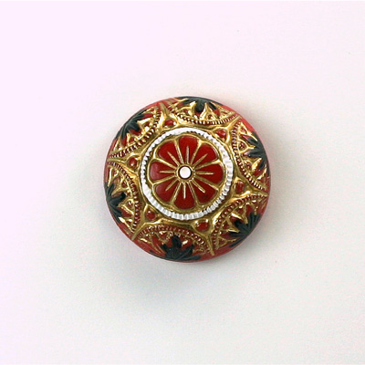 Glass Flat Back Mosaic Hand Painted Stone Round 18MM GOLD & JET on RED