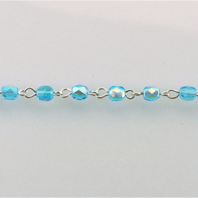 Linked Bead Chain Rosary Style with Glass Fire Polish Bead - Round 4MM AQUA AB-SILVER