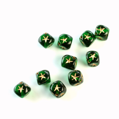 Glass Engraved Cube Bead - GOLD/EMERALD 07MM