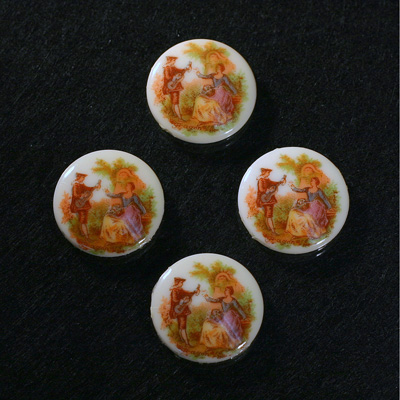 German Plastic Porcelain Decal Painting - Rococo (Scene 2) Round 18MM ON CHALKWHITE BASE