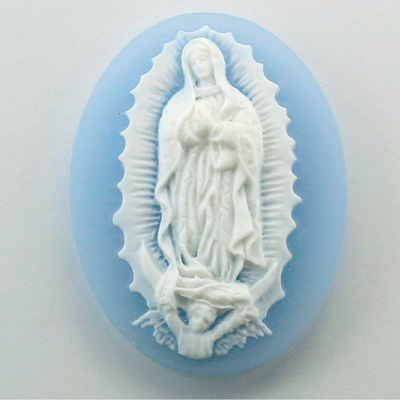 Plastic Cameo - Virgin of Guadalupe Oval 40x30MM WHITE ON BLUE