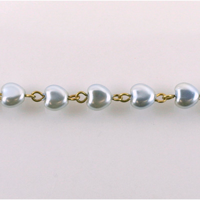 Linked Bead Chain Rosary Style -with Glass Pearl Smooth Bead - Heart 6MM BLUE-Brass
