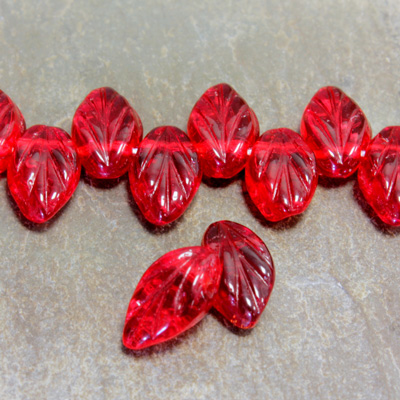 Czech Pressed Glass Engraved Pendant - Leaf 11x7MM RUBY