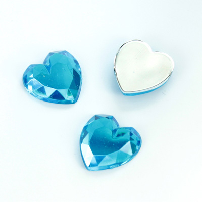 Plastic Flat Back Foiled Rose Cut Rhinestone - Heart 15.5MM AQUA