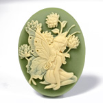Plastic Cameo - Fairy Kneeling Oval 40x30MM IVORY ON OLIVE GREEN