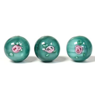 Czech Glass Lampwork Bead - Smooth Round 12MM Flower PINK ON GREEN (50270)