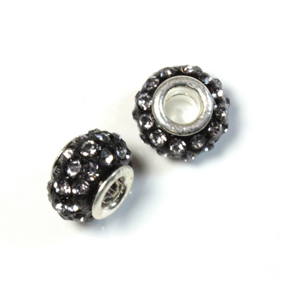 Rhinestone Bead with Large Hole Resin Base and Silver Plated Center - Round 14x9MM BLACK DIAMOND on BLACK