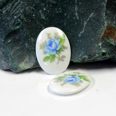 Japanese Glass Porcelain Decal Painting - Rose Oval 18x13MM BLUE ON CHALKWHITE