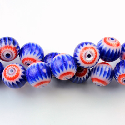 Glass Millefiori Bead - Round 10MM BLUE WHITE RED (04)