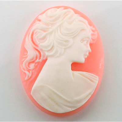 Plastic Cameo - Woman with Ponytail Oval 40x30MM WHITE ON ANGELSKIN