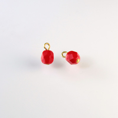 Glass Fire Polished Bead with 1 Brass Loop - Round 06MM RED/Brass