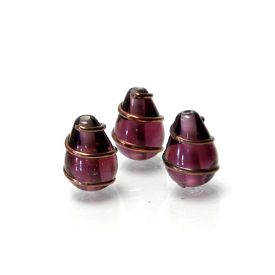 Czech Glass Lampwork Bead - Pear 13x9MM COPPER WRAP AMETHYST