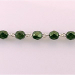 Linked Bead Chain Rosary Style with Glass Fire Polish Bead - Round 6MM HUNTER GREEN PEARL-SILVER