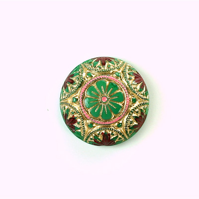 Glass Flat Back Mosaic Hand Painted Stone Round 18MM GOLD & RED on GREEN