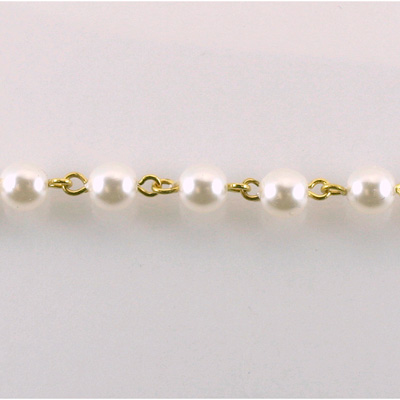 Linked Bead Chain Rosary Style with Glass Pearl Bead - Round 6MM WHITE-GOLD