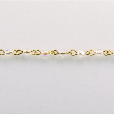 Linked Bead Chain Rosary Style with Glass Fire Polish Bead - Round 3MM CRYSTAL AB-GOLD