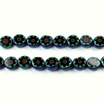 Glass Millefiori Bead - Flat Round 06x3MM LT BLUE GREEN BLACK RED (26)