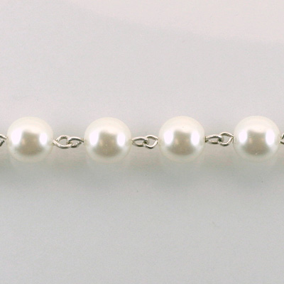 Linked Bead Chain Rosary Style with Glass Pearl Bead - Round 8MM WHITE-SILVER
