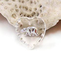 German Glass Engraved Buff Top Intaglio Pendant - POLAR BEAR Heart 15x14MM CRYSTAL AB