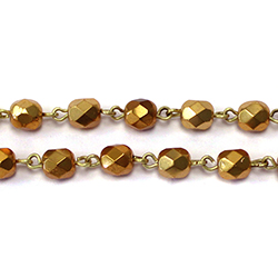 Linked Bead Chain Rosary Style with Glass Fire Polish Bead - Round 6MM 97487 ANTIQ GOLD-MIX/Brass