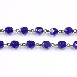 Linked Bead Chain Rosary Style with Glass Fire Polish Bead - Round 6MM COBALT-ROMAN Brass OX