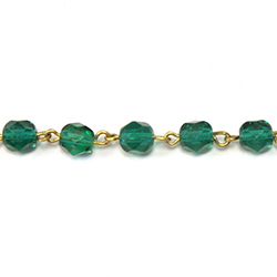 Linked Bead Chain Rosary Style with Glass Fire Polish Bead - Round 6MM DARK EMERALD-Brass