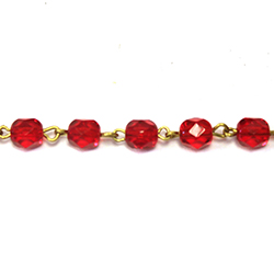 Linked Bead Chain Rosary Style with Glass Fire Polish Bead - Round 6MM RUBY-Brass