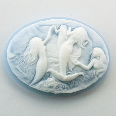 Plastic Cameo - Mermaids Swimming Oval 40x30MM WHITE ON BLUE FS