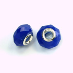 Glass Faceted Bead with Large Hole Silver Plated Center - Round 14x9MM SAPPHIRE