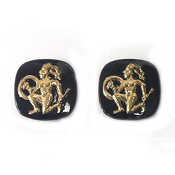 German Glass Flat Back Cameo Warrior Kneeling with Shield. Square Antique 20x20MM GOLD ON BLACK